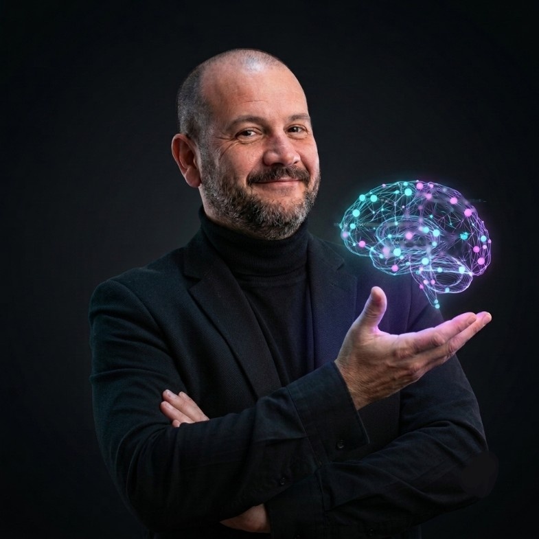 Juanan Sánchez sosteniendo un cerebro digital en una composición creada con IA